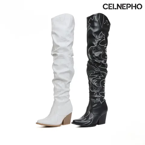 CELNEPHO Women Cowboy Boots Pointed Toe Western Embroidery Design Over the Knee Boots Chunky Block Heel Easy Pull on Cowgirl Boot Work Casual Cosplay Events Date Party Country Wedding Outdoor Fall Fashion Trendy Dressy Shoes