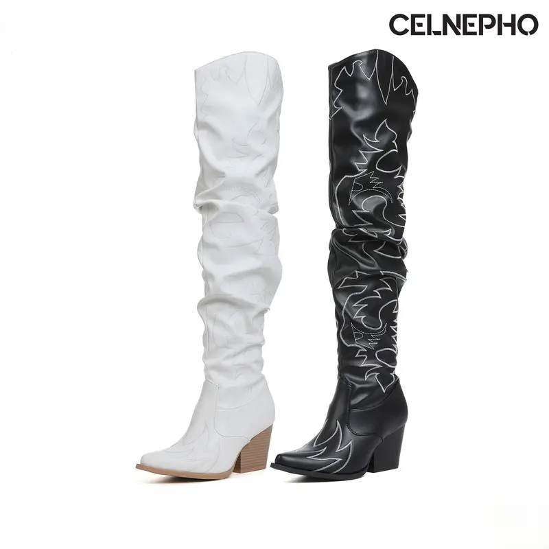CELNEPHO Women Cowboy Boots Pointed Toe Western Embroidery Design Over the Knee Boots Chunky Block Heel Easy Pull on Cowgirl Boot Work Casual Cosplay Events Date Party Country Wedding Outdoor Fall Fashion Trendy Dressy Shoes
