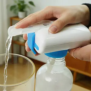Leak-proof press-type beverage pourer with convenient rechargeable packaging; universal bottle cap dispenser compatible with gallon containers of water, milk, and juice; hands-free pouring, spill prevention, no need to lift heavy bottles.