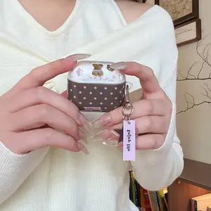 Cafe Polka Dot Bear Ring Case for Apple AirPods Pro 3/2/4/3/2, Fashionable Women's Earphone Cover, Simple Design, Protection, Apple Earphone Case