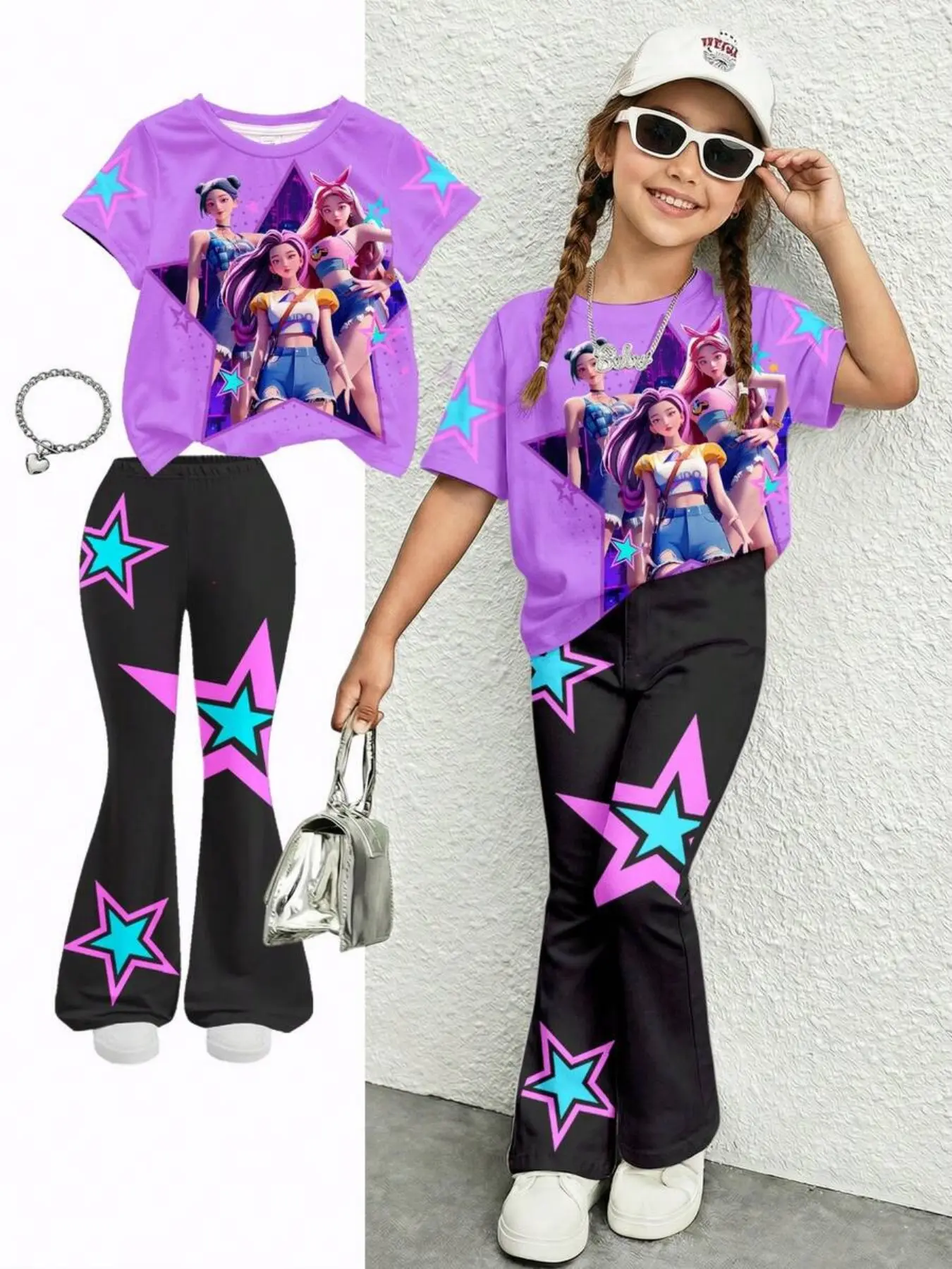 Girls' Cartoon Set, Star 3D Print, Slim-Fitting Round Neck Short Sleeve Top & Bell Pants, Casual Summer Fashion, Casual Outfit Set, Summer Clothing Set, Summer Clothes Set, Summer Outfits Set