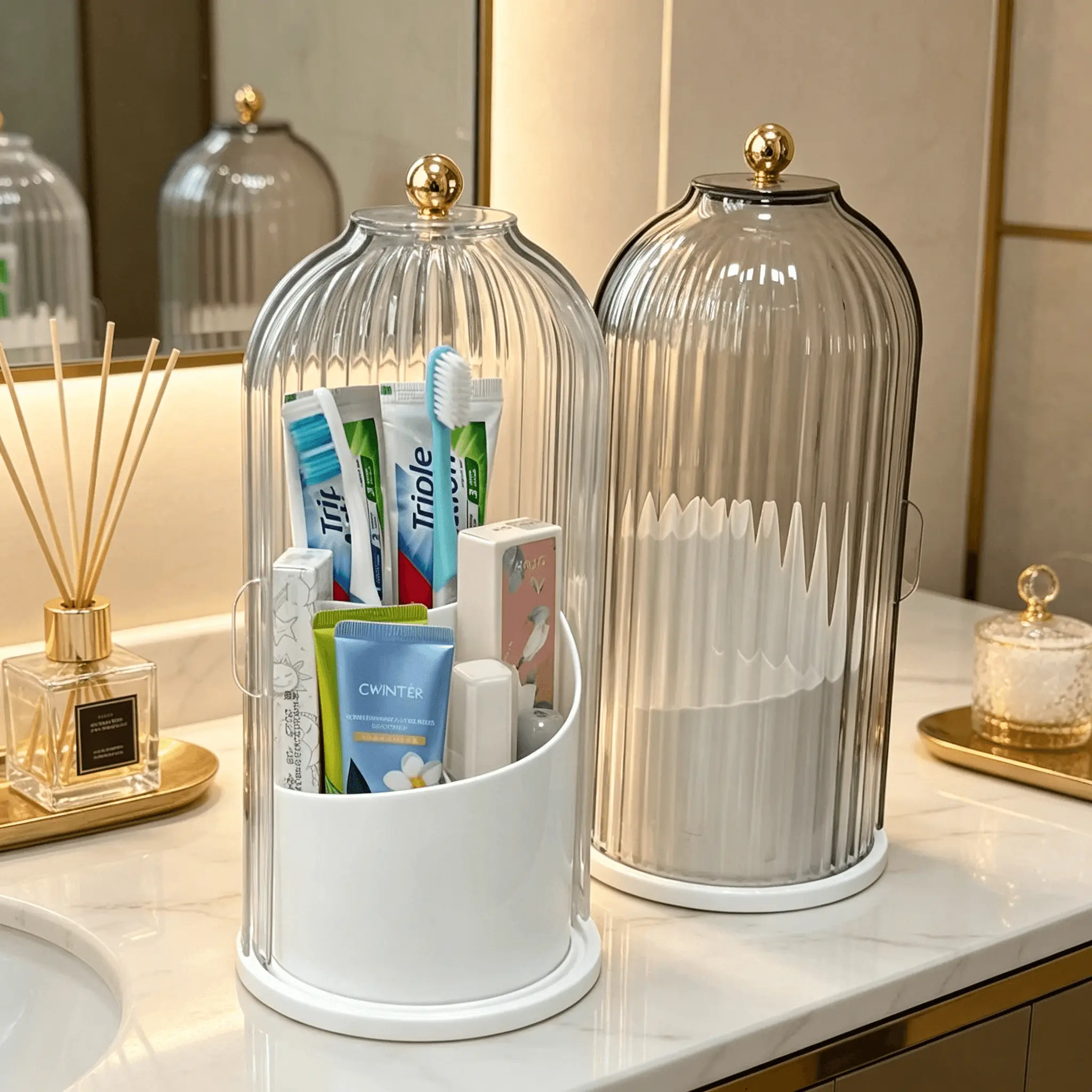Waterproof Dustproof Makeup Brush Holder with 360° Rotating Clear Lid, Bathroom Vanity Organizer for Skincare Bottles Toothbrush Brushes Lipsticks, 3-Zone Non-Slip Base Caddy, Space-Saving for Home Dorm Travel, Keeps Beauty Tools Dry & Clean