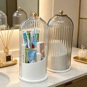 Waterproof Dustproof Makeup Brush Holder with 360° Rotating Clear Lid, Bathroom Vanity Organizer for Skincare Bottles Toothbrush Brushes Lipsticks, 3-Zone Non-Slip Base Caddy, Space-Saving for Home Dorm Travel, Keeps Beauty Tools Dry & Clean