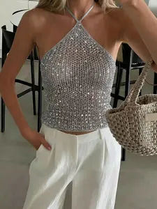 Summer Glitter Halter Top, Viscose Hollow Out Tie Back Strap Backless Tankini, Perfect for Daily Wear & Beach Holidays, Women's Fashion