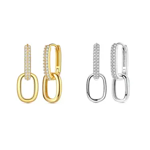 MULA Women's 18 Karat Gold & Silver-Plated Dangle Hoop Earrings - Sparkling CZ Pave Double, Modern Geometric U-Shape Costume Jewelry, Ideal Gift for Women on Birthdays, Valentine's Day
