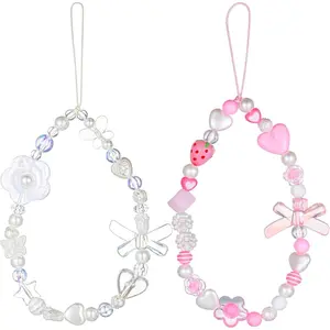 2 Pcs Pink Phone Charm, Cute Beaded Phone Wrist Strap Pink Beaded Bracelet Strap Aesthetic Lanyard Wrist Straps Phones Bracelet Lanyard with Bow Love Pearl Phones Case Keychain Charm for Women Girls