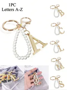 Elegant Golden Pearl Letter Keychain, Letters A-Z Three-Dimensional Pendant, Pearl Chain Flash Diamond (Removable According To Personal Preference) Alloy Keychain Ring, Earphone Pendant, Backpack Charm, Car Keychain, Keychain For Bags