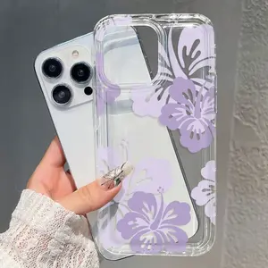 1pc Full Screen Light Purple Flower Pattern Transparent Air Cushion Phone Cas  Cover  Soft Case iphone 17 Pro Max Plus Air15 14 13 12 11 pro max x xr xs xsmax 14plus 15plus 16pro 15pro 14promax 13 promax Flower pattern protective case soft shellphone case