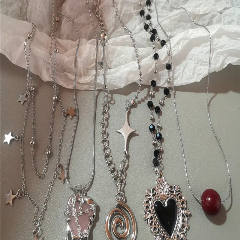 5pc Piece Personalized Heart Star Necklace Set, Trendy Jewelry, Vintage Spiral Swirl Pendant Necklaces, Chain Jewelry, Unisex Mother's Day Gift, Graduation Season Present, Exquisite Jewelry Gift, Heart Design Jewelry, Costume necklaces
