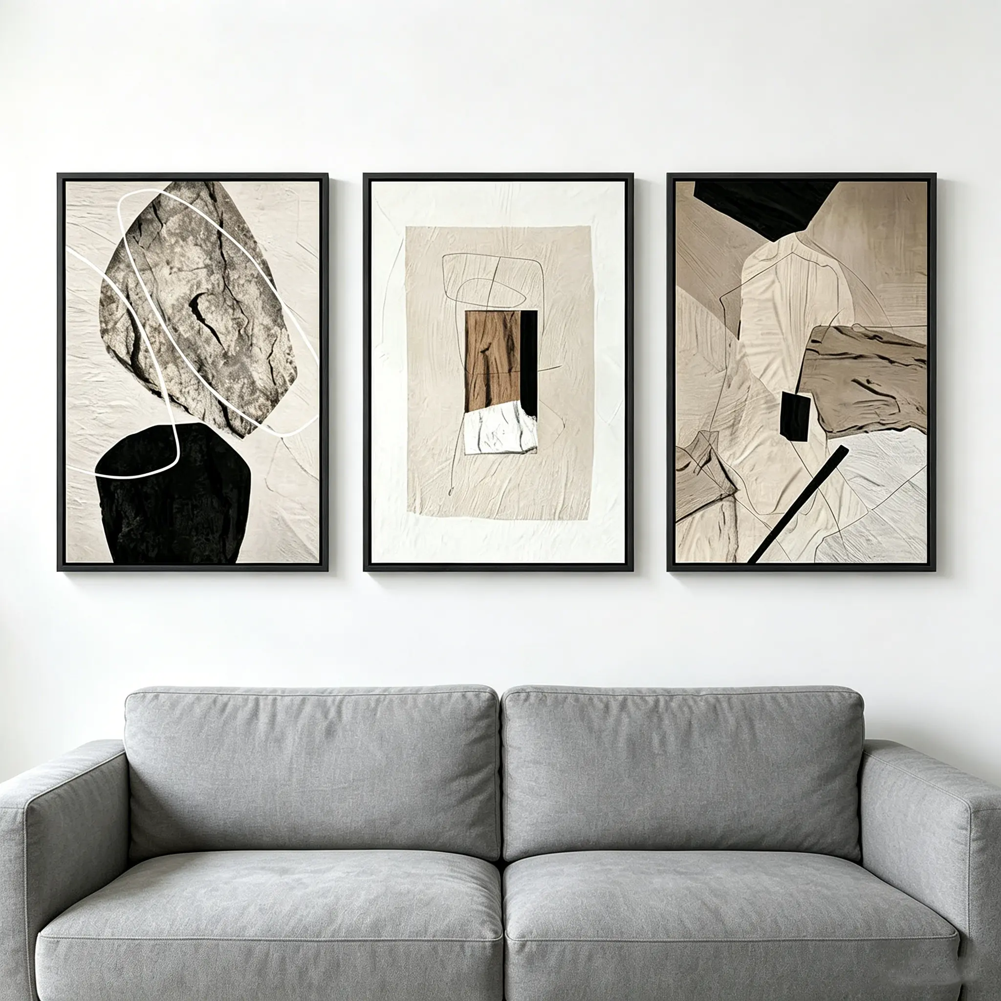 Neutral Tone 3-Piece Framed Abstract Canvas Wall Art Set - 12x18in Minimalist Black & Beige Geometric Prints, Aesthetic Home Decor, House Decor, Decoration for Living Room, Bedroom