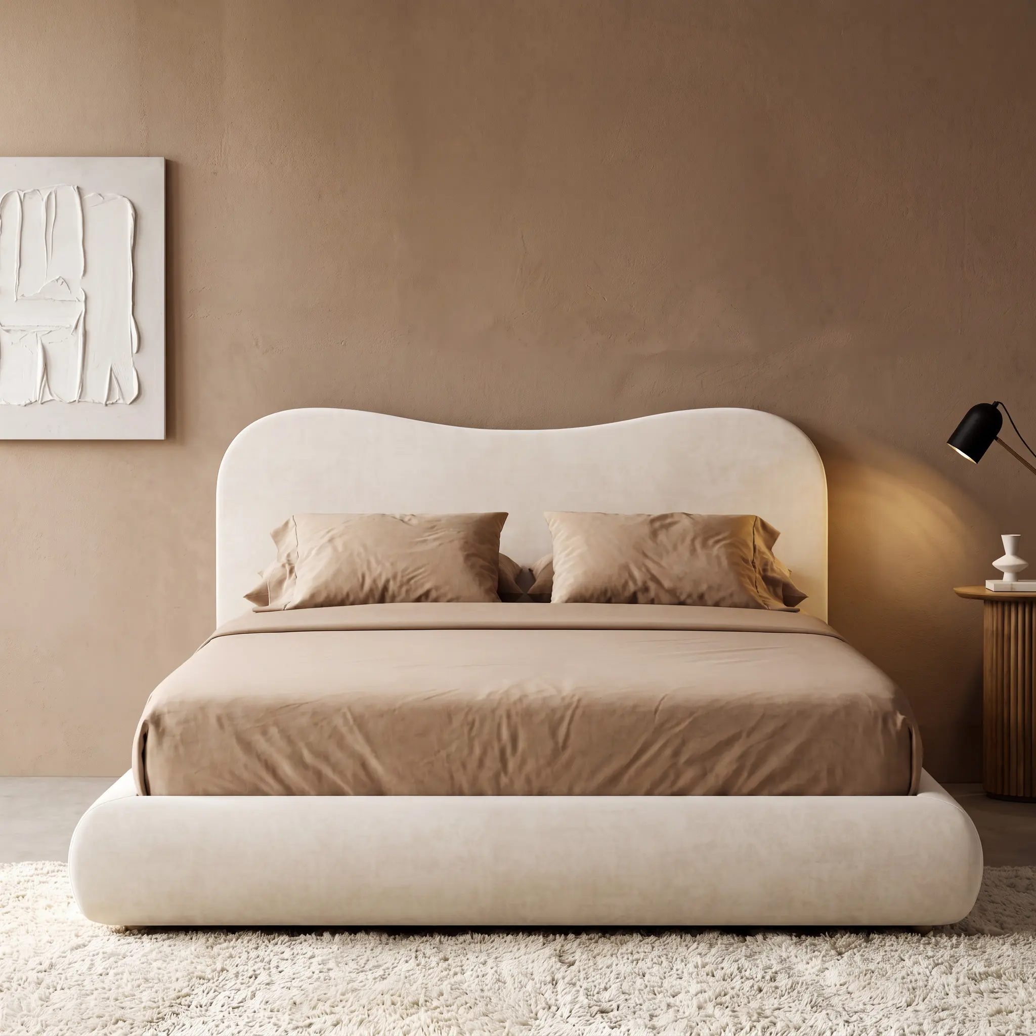 RECCI Airframe Queen Cloud Bed Frame - Camelback Curved Headboard, Modern Upholstered Platform Bed Frames, 360° Soft Foam Surround, Low Profile, Cozy Bedroom Furniture, Minimalist Aesthetic, No Box Spring Needed, Easy Setup