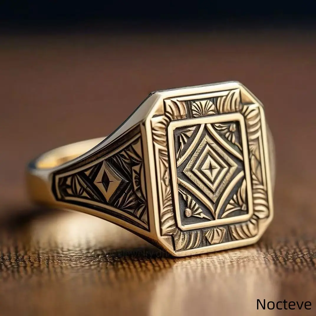 Men's Vintage Engraved Gold-Tone Ethnic Eco Alloy Ring, Masculine Boho Street Jewelry for Everyday Casual Wear, Eco-Friendly Ethnic Design Costume Accessory, Rings