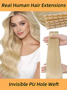 Blonde Double Injected Hole Weft Hair Extensions, Human Hair Straight Twin Tab Weft, Invisible Xo Hole Weft Hair, No Ca Prop 65