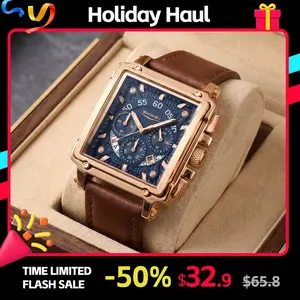 SKMEI Modern Fashionable Wristwatch for Men, 47mm Square Hardlex Glass Dial, 3ATM Water Resistant, Trendy Multifunctional Leather Strap Watch with Calendar, Timing & Luminous Functions