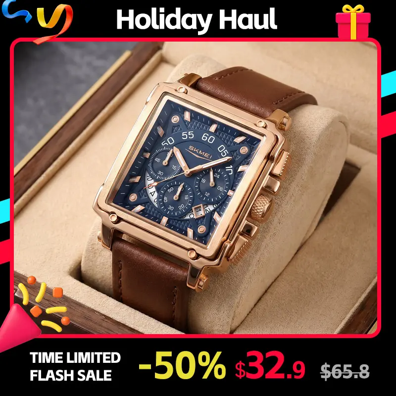 SKMEI Modern Fashionable Wristwatch for Men, 47mm Square Hardlex Glass Dial, 3ATM Water Resistant, Trendy Multifunctional Leather Strap Watch with Calendar, Timing & Luminous Functions, Waterproof Watch, Multi-Function Quartz Watches
