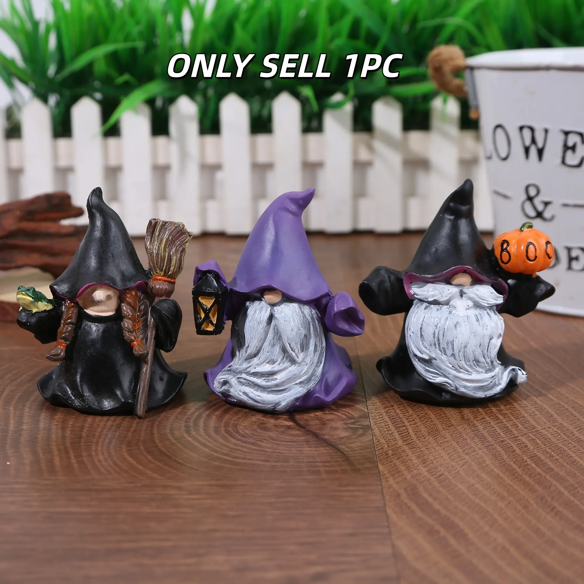 1pc Halloween Witch Gnome Figurine, Spooky Wizard Dwarf Statue with Broom & Pumpkin, Perfect for Home & Party Decor