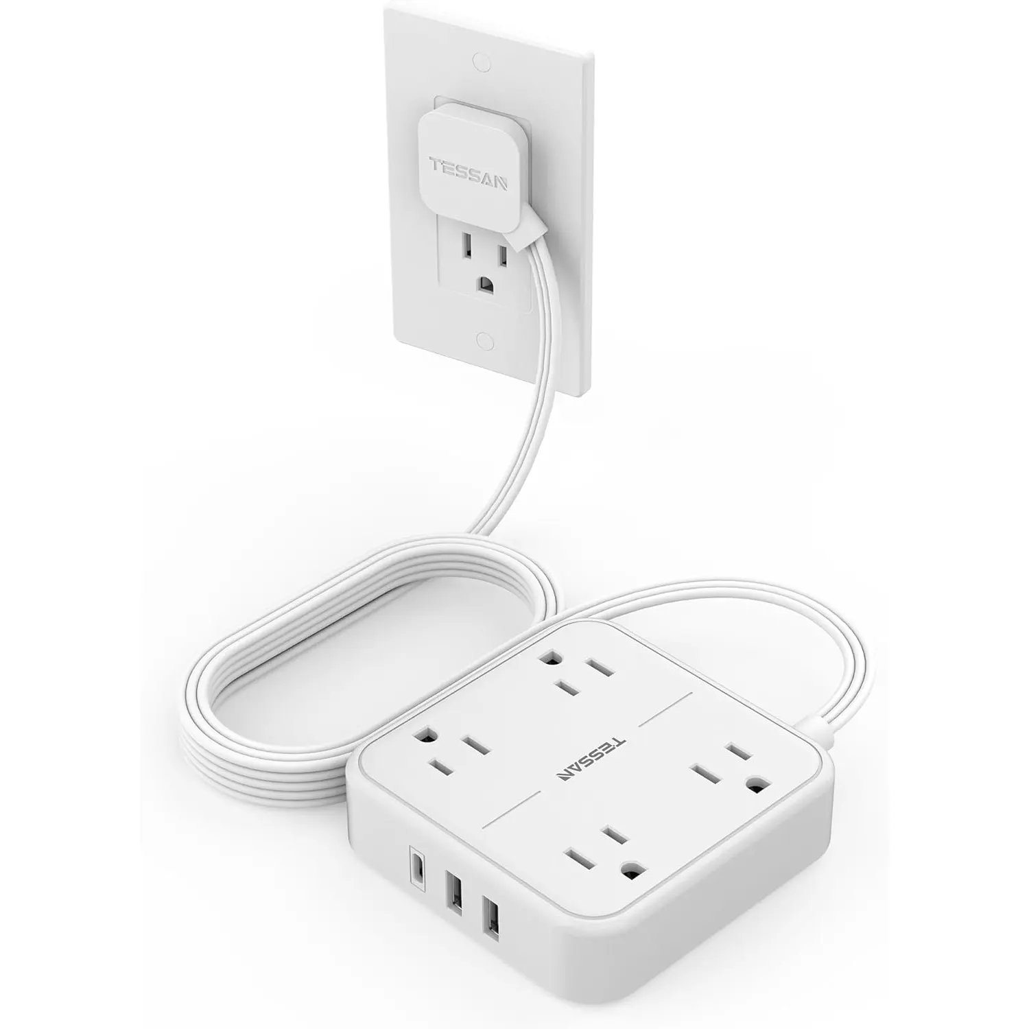 Flat Extension Cord 10 FT, TESSAN Surge Protector Power Strip 10 Feet with 4 Outlets 3 USB Wall Charger (1 USB C), Surge Protection, Ultra Thin Long Power Cord Mountable for Indoor Essentials, White Zhuhai Tessan Power Technology Co., Ltd.
