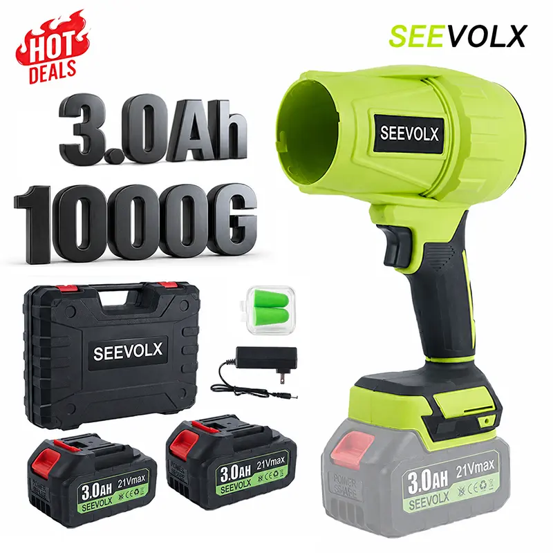 SEEVOLX 21V Cordless Lightweight Wireless Handheld Portable Leaf Blower - Brushless Pure Copper Motor Powerful Turbo Fan, 2x3000mAh Batteries & Charger, 3 Nozzles for Lawn Care, Car Drying, Ear Protection