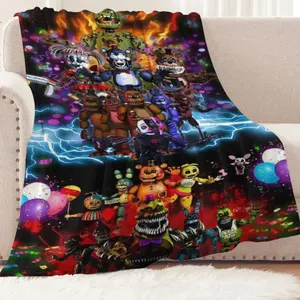Freddy Five Nights at Freddy's themed flannel blanket features various cartoon characters. It is soft and comfortable, making it the perfect choice for fans.