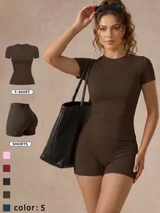 Women Two Piece Set Solid Color Short Sleeve Shorts Loungewear Set Soft Comfortable Breathable T Shirt High Stretch Hip Lifting Body Shaping Pilates Yoga Wear Outdoor Travel Sports Training Daily Fashion Versatile Casual Pajamas Set