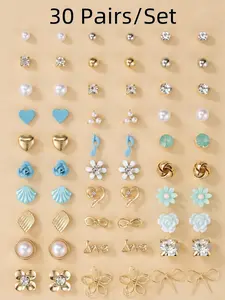 30 Pairs/Set Fashion Heart Flower Bow Design Earrings Rhinestone Decor - Stackable Stud Earrings for Women & Man, Delicate Jewelry Perfect for Engagement Weddings, Daily Wear Mother's Day Gift