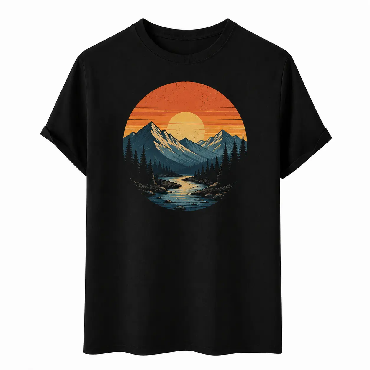 Vintage Mountain Sunset Graphic T-Shirt for Women and Men, Unisex Outdoor Nature Short Sleeve Crew Neck Tee, Hiking Camping Adventure Shirt