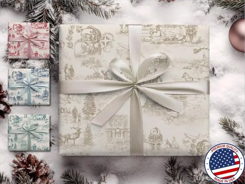 Cream Christmas Toile Wrapping Paper Classic Santa Holiday Gift Wrap Preppy Christmas Luxury Aesthetic Winter Wrapping Roll Neutral Decor