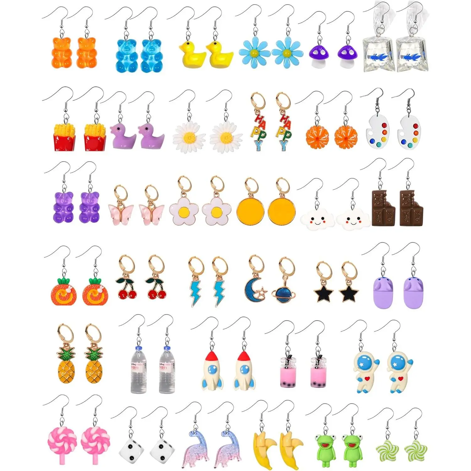 28 Pairs Weird Cute Earrings Funny Kawaii Indie Funky Earrings Including Gummy Bear Water Bottle Food Mushroom Boba Tea Earrings Goldfish Flowers Dangle Earrings for Women