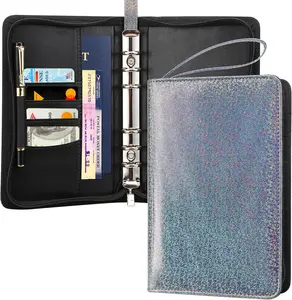 A6 Budget Binder with Zipper, 6 Ring Refillable Planner Binder Cover for A6 Cash Budget System, PU Leather Personal Organizer Personal Wallet Binder, Glitter Black