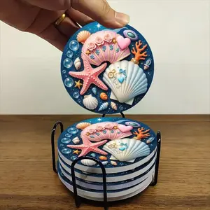 6-piece ceramic coaster set, featuring a romantic seashell scene from a dreamy ocean world. These heat-resistant, non-slip coasters with stands are perfect for home, dining, and as beverage mats.