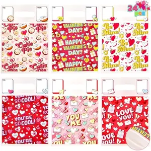 JOYIN 24PCS Valentines Day Sealing Gift Bags with Handles for Kids Party Favors, Classroom Exchange Prizes, Valentines Goodie Bags