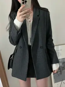 Spring & Fall Loose-Fit Solid Color Notched Neck Straight Jacket, Casual Commuter Women's Blazer Coat, Comfortable Daily Wear Outerwear