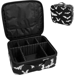 Goth Makeup Organizer Bag, Halloween Makeup Bags Large Cosmetic Bag with Adjustable Dividers Portable Bat Cosmetic Case for Make up Brushes Toiletry Jewelry（Black Bats）