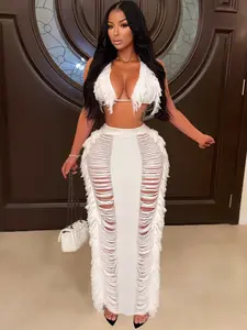 Women's Solid Fringe Trim Sleeveless Crop Top & Long Skirt Two-piece Set, Sexy Fashion Casual Halter Neck Top & Skirt for Beach Holiday Vacation, Vacation Sets, Ladies Summer Clothes, Womenswear, Matching Skirt Set