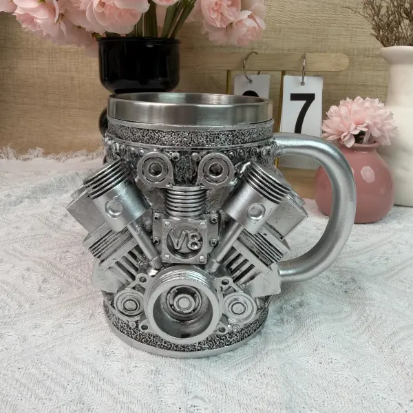 Stainless Steel Mug - V8 Engine Design, 10oz Handcrafted Durable & Stylish, Perfect for Car Enthusiasts,Coffee Cup,Birthday Present,Holiday Gift Reusable