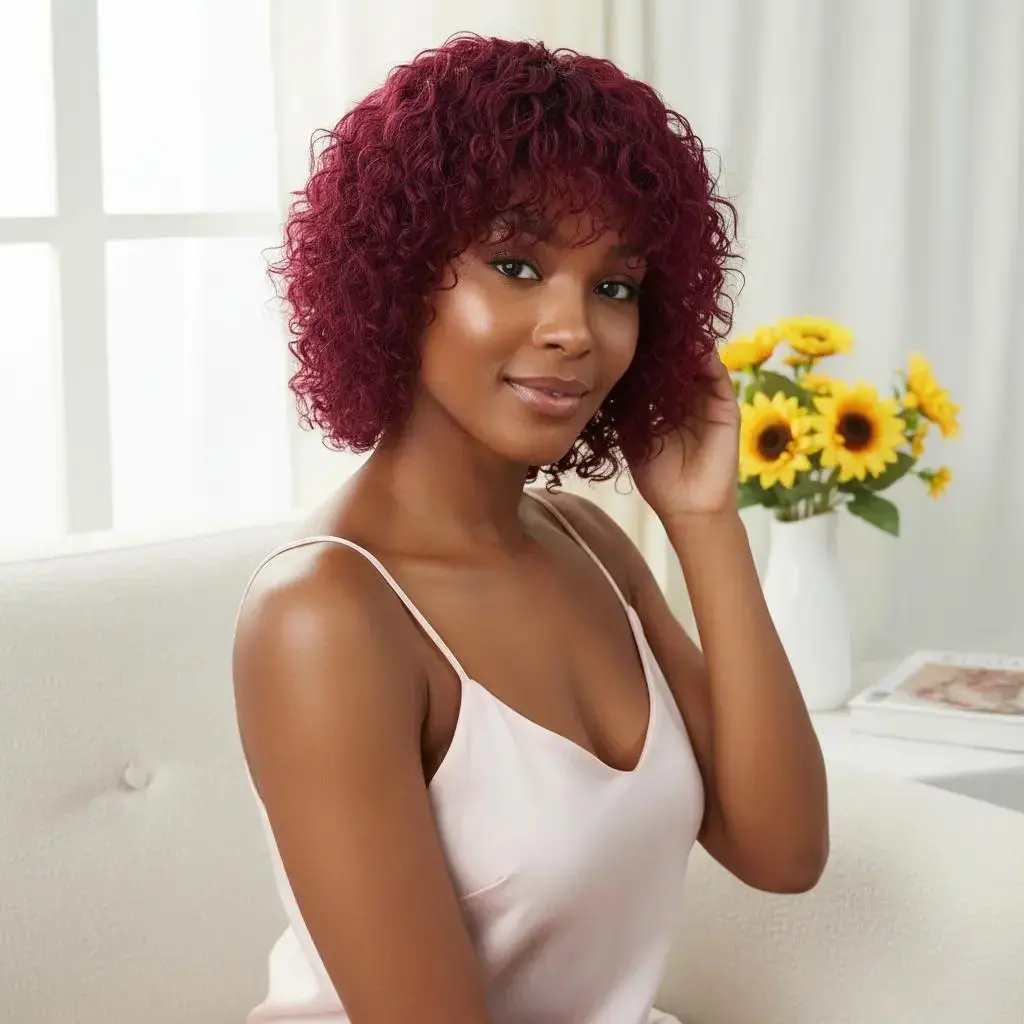 Glueless Wigs Short Curly Bob Wig with Bangs High Density Brazilian Virgin Human Hair No Lace Machine Made Wig for Women Soft Comfortable Daily Use