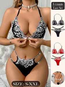 4‑Piece Lace Lingerie Bundle for Women, Halter Front Closure Bra & Low Rise Thong Panties, Metallic Strap Cutout Sexy Intimate Outfit
