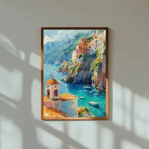 Amalfi Coast Watercolor Wall Art – Vibrant Italian Cliffside Village Painting – Colorful Coastal Travel Decor for Home or Office
