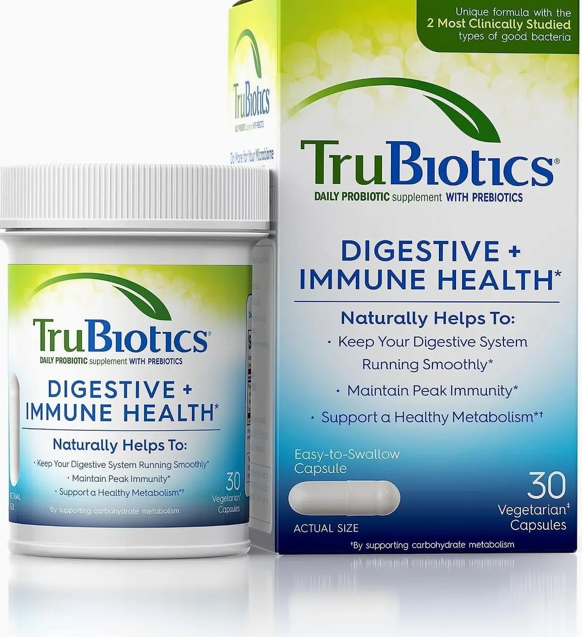 TruBiotics Probiotics for Digestive & Immune Health, Supports Regularity & Helps Relieve Abdominal Discomfort, Gas & Bloating, 2 Clinically Studied Probiotic Strains, Plus Prebiotics, 30 Capsules
