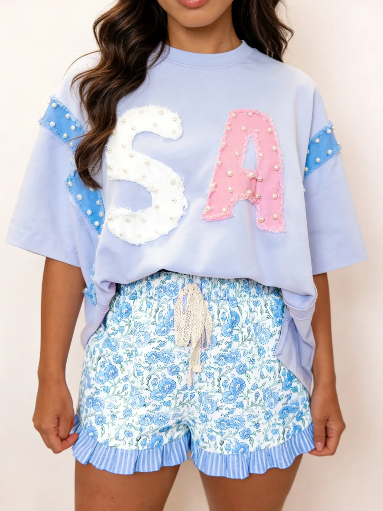 Womens Sky Blue Summer Floral High Waist Casual Shorts with Striped Ruffle Hem and Lace Tie