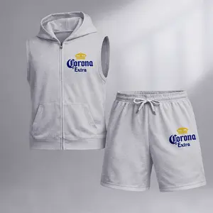 Men's Vintage Mexican Beach Beer Graphic Sleeveless Hoodie Shorts Set 2 Piece Outfit Print Zip Up Hooded Vest Drawstring Shorts Summer Casual Gym Workout Streetwear Breathable Lightweight Athletic Lounge Set