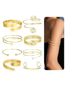 8Pcs Arm Cuff Open Upper Arm Band Bangle Bracelet Coil Flower Feather Swirl Filigree CZ Armlet Jewelry for Women Men Gold Tone Size Adjustable Bangle Bracelet Set