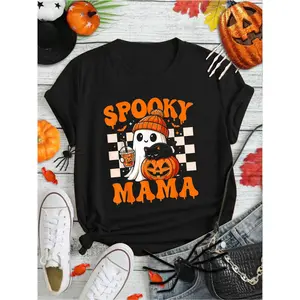 100% Cotton Spooky Mama Cute Ghost Drink Cat Pumpkin for Halloween Gifts T-Shirt Print Round Neck Short Sleeve Streetwear Fashion Breathable Homme Soft Unisex Designer Clothes For Women Casual Clothes