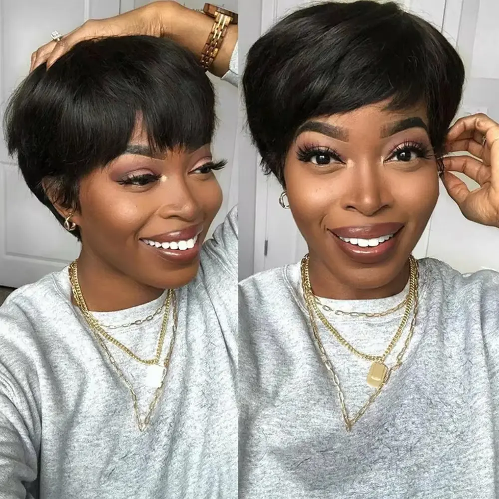 Throw On & Go Short Cut with Bangs Wig Ultra Comfort Skin-Like Soft Care Glueless Wig Hair Loss Friendly