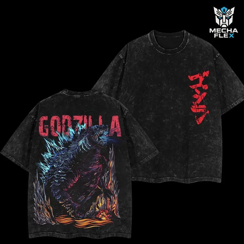 Godzilla Blue Neutron Kaiju Robot Mecha Retro Monsterverse Unisex Vintage Washed Double Printed Heavyweight Cotton Oversized Wash Tee, Hoodie Washed Workout Clothes, Gym Workouts, Clothes for Daily Wear vintage style top fathersdaygift