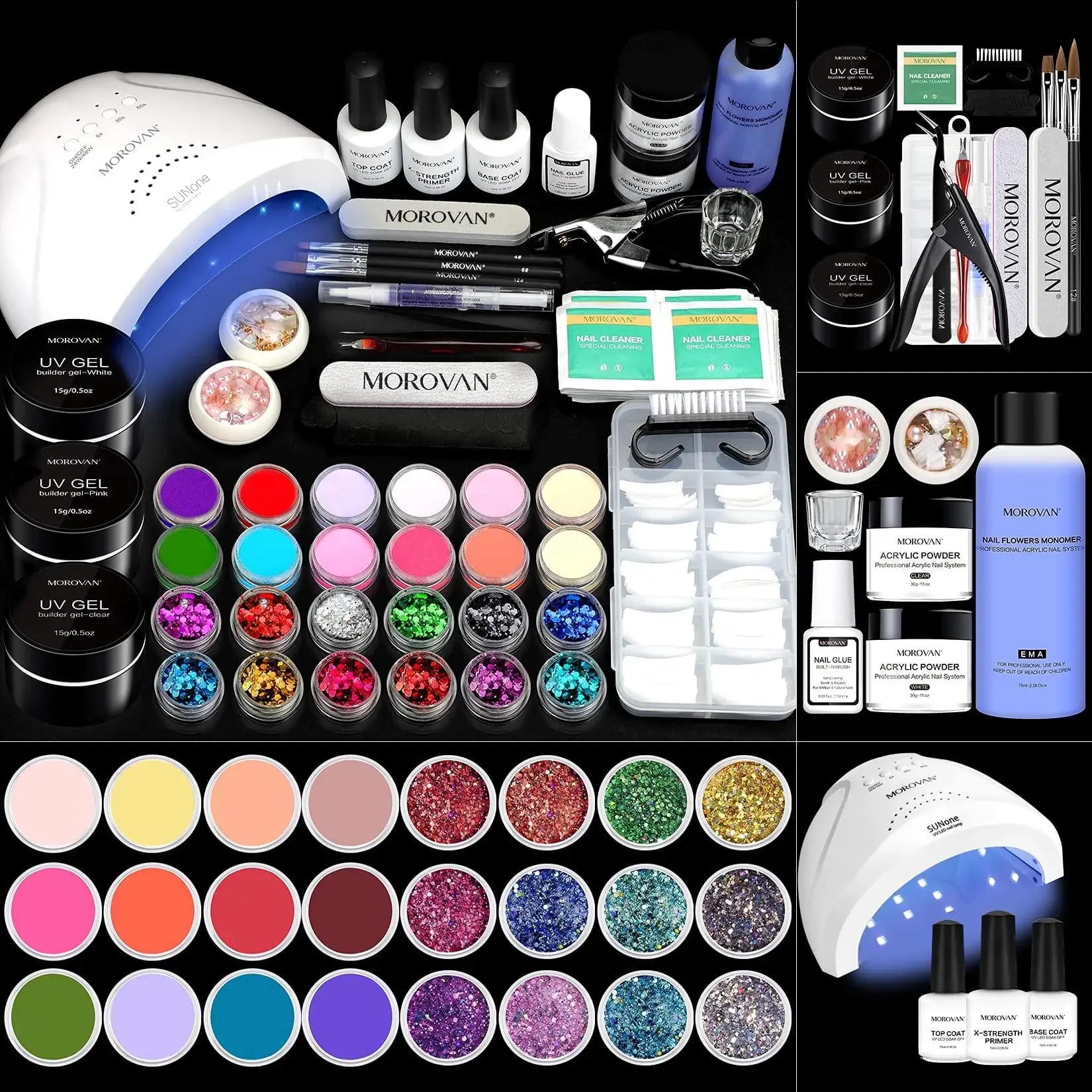 MOROVAN Acrylic Nail Kit with UV LED Lamp 6W Complete Starter Set for Beginners Professional Tools Glitter Powder Liquid Set Manicure Cuticles