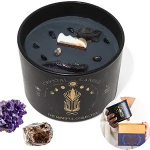 Black Crystal Candle for Women - 12oz Wood Wick Candle that Crackles with Natural Soy Wax. Luxurious Slow Burn, for Meditation. Includes Amethyst & Smokey Quartz Crystals