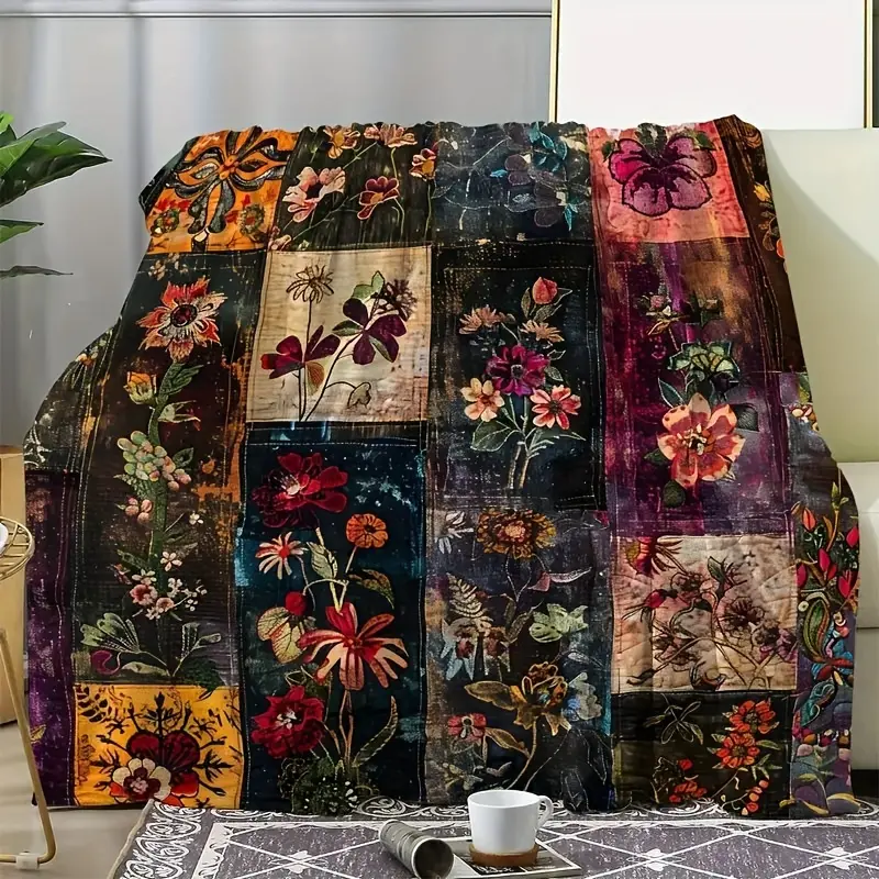 [Summer Vibes] JOOCAR Soft Floral Patchwork Blanket Ultra-Soft Flannel Colorful Vintage Floral Patchwork Throw Blanket - Cozy All-Season Sofa & TV Snuggle Blanket, decorative