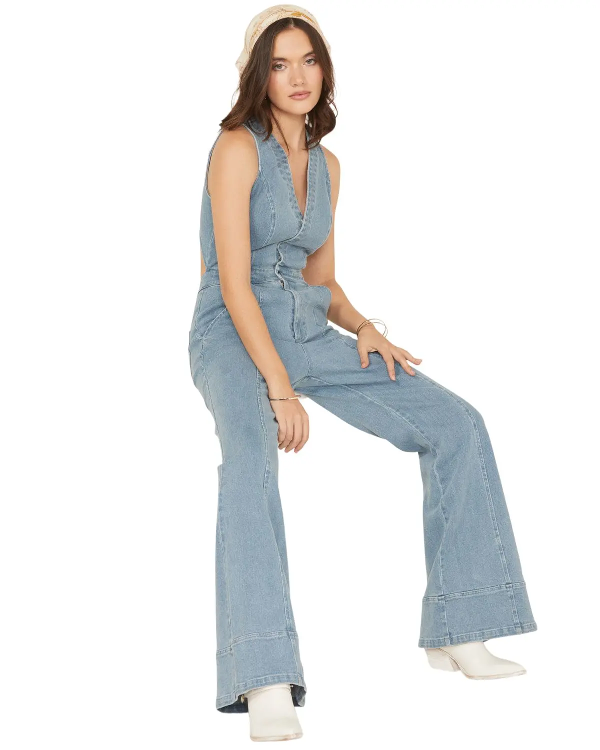 Flying Tomato Women's Women'S Light Wash Open Back Denim Jumpsuit - Ip8818-Bb