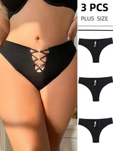 Women's Plus Size Panties, Hollow Out Design, Comfortable Seamless Underwear, Lingerie Underwear, Daily Wear, Pack of 3, Casual Style